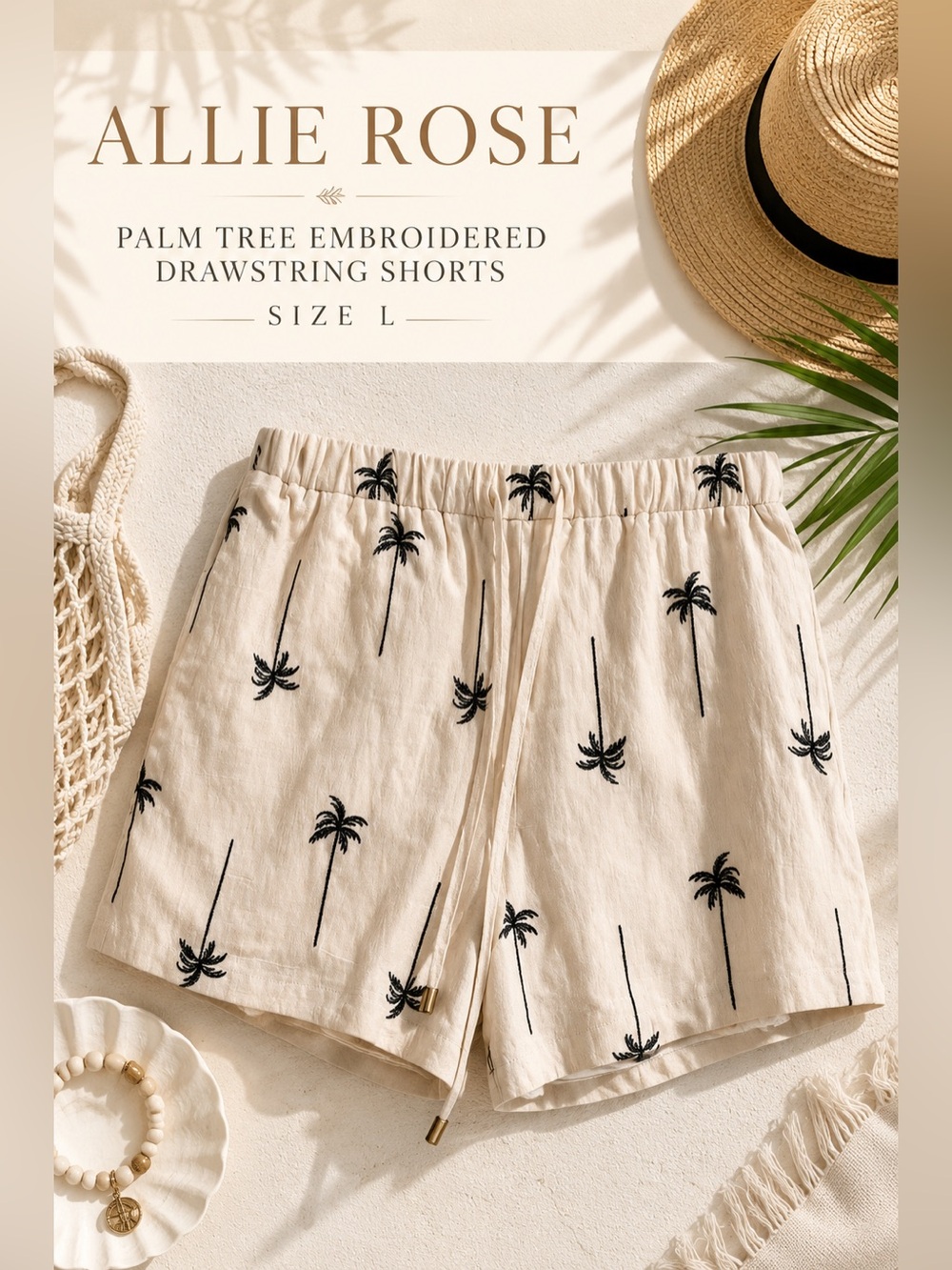 Allie Rose Palm Tree Embroidered Drawstring Shorts Size L